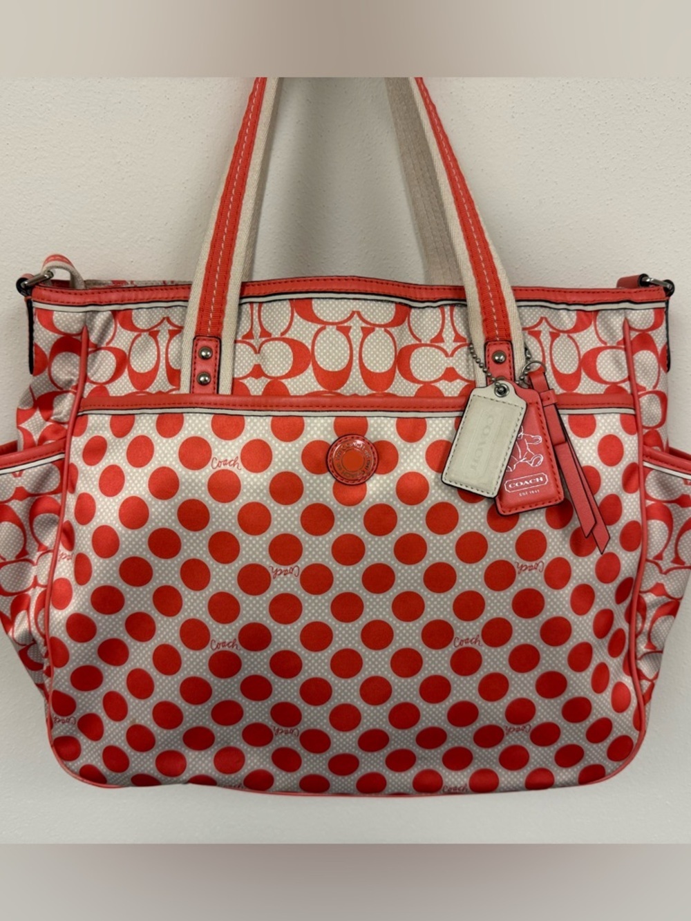COACH Peyton Dream C Polka Dot Diaper Bag Tote, White & Orange Full Set - Rare - Picture 3 of 15